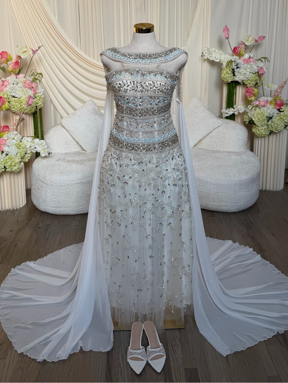 Beaded White Wedding Gown with Sheer Draped Cape
